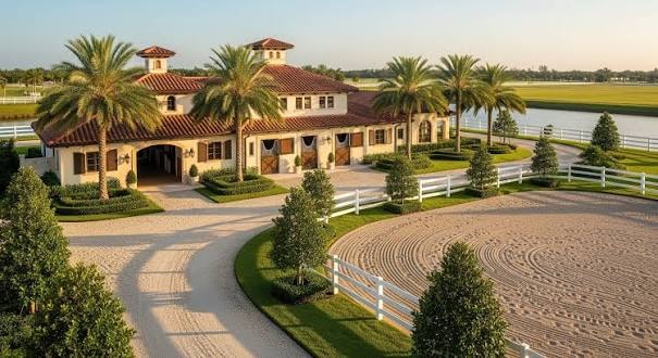Horse near an elegant barn at an equestrian estate